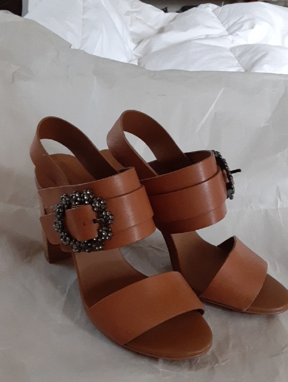 See By Chloe Cognac Leather Block Heel Sandals w Embellished Buckle Sz 38/7.5